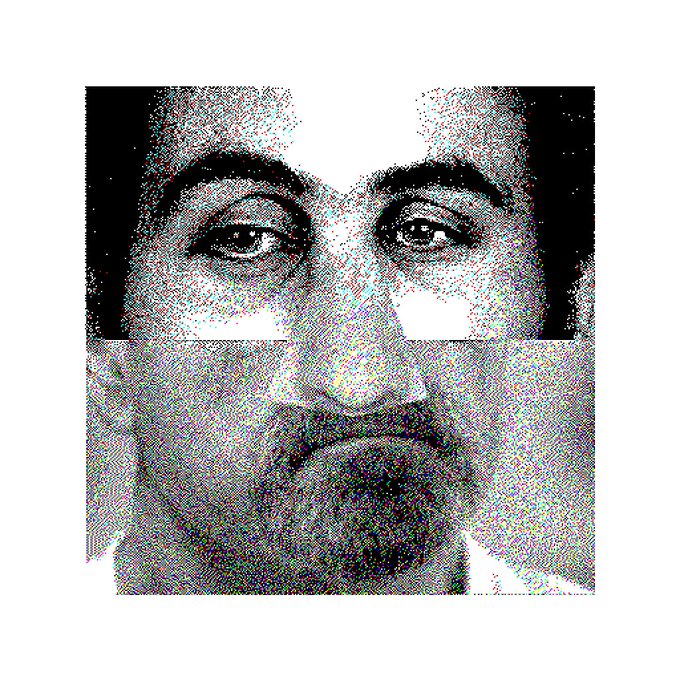 A black and white portrait of a man's face rendered in a colorful dotted/noise effect style, giving it an artistic, stippled appearance.