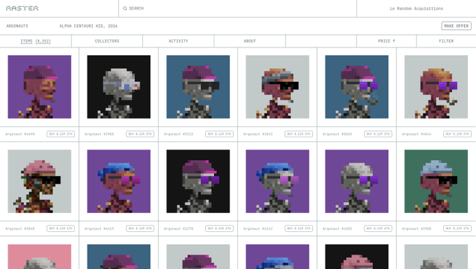 A website interface titled 'RASTER' shows a grid of pixelated skull avatars in various color schemes labeled 'Artpunk', with options for sorting by price and filtering by 'Random Acquisitions'.