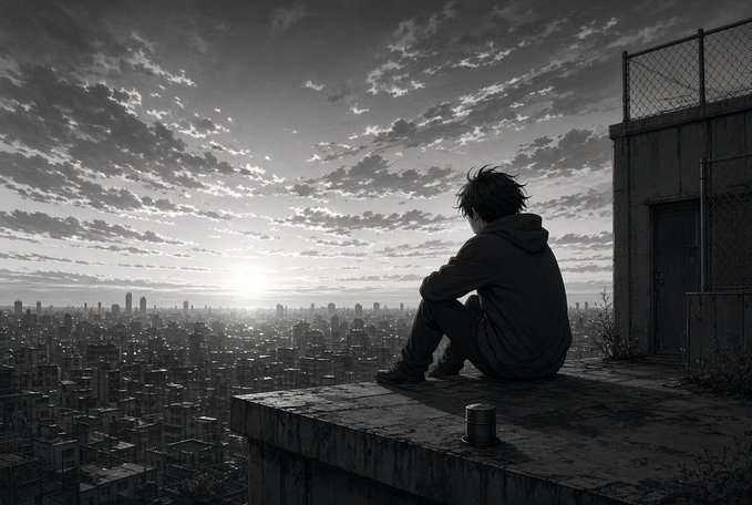 A black and white illustration shows a young man in a hoodie sitting on the edge of a rooftop, looking out over a sprawling city skyline under a cloudy sky.