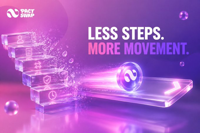 A promotional graphic for 'PactSwap' features a glowing pink and purple design with the text 'LESS STEPS. MORE MOVEMENT.' alongside stylized glass-like icons including a shield and clock.