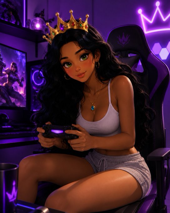 A stylized digital illustration of a young woman with long dark wavy hair wearing a gold crown, holding a gaming controller while seated in a gaming chair, with purple neon lighting and a computer monitor in the background.
