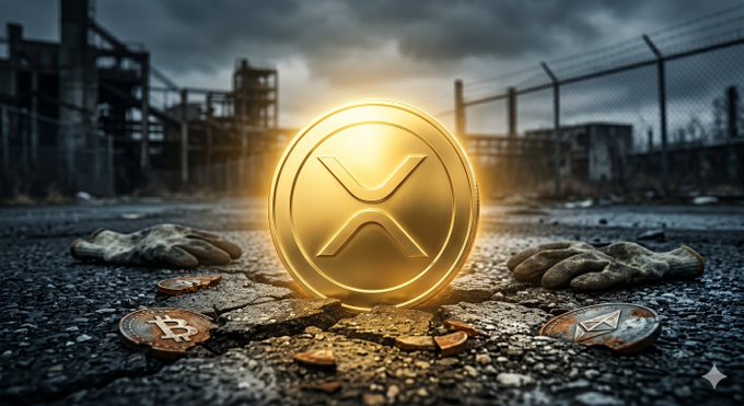 A glowing gold XRP coin is depicted on cracked ground with work gloves, a Bitcoin coin, and an Ethereum coin, set against a dark industrial backdrop.