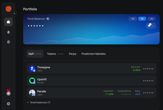 A dark-themed cryptocurrency portfolio dashboard showing a total balance, a balance graph, and tabs for DeFi, Tokens, Perps, and Prediction Markets, with entries for Threejane (USDC, 6.35% APY), Upshift (ethUSD), and Pendle (USDC, 11.43% APY, 40D expiry).