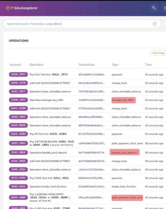 A screenshot of the Pi blockexplorer interface displaying a list of recent OPERATIONS, including various account transactions like payments, change_trust, and manage_buy_offer with timestamps from 33-43 seconds ago.