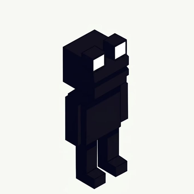 A dark, blocky 3D voxel-style character resembling a Minecraft figure with white rectangular eyes, set against a plain white background.