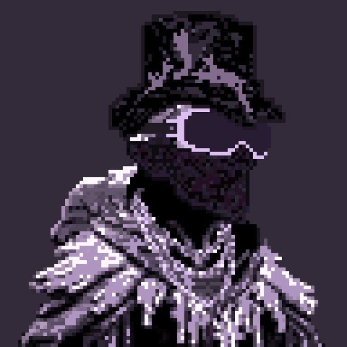A dark pixel art portrait of a mysterious figure wearing a wide-brimmed hat with a glowing purple eye visible beneath, set against a dark purple background.