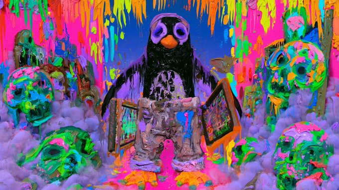A vibrant, psychedelic digital artwork featuring a black penguin-like character wearing glasses and an apron covered in colorful paint, surrounded by melting, multicolored skulls.