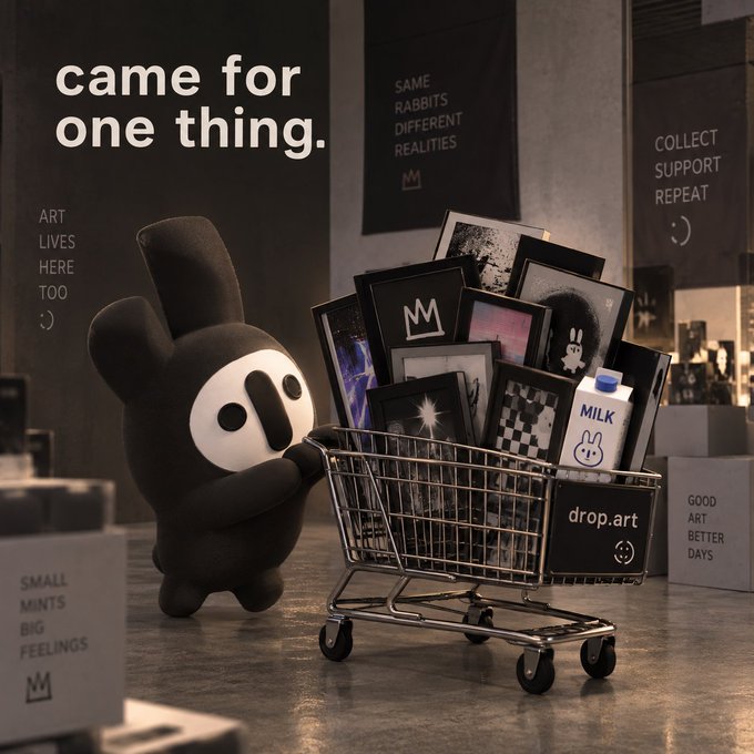 A 3D render of a black cartoon character with a shopping cart full of framed artworks, accompanied by text like 'came for one thing.', 'SAME RABBITS DIFFERENT REALITIES', and 'drop.art'.