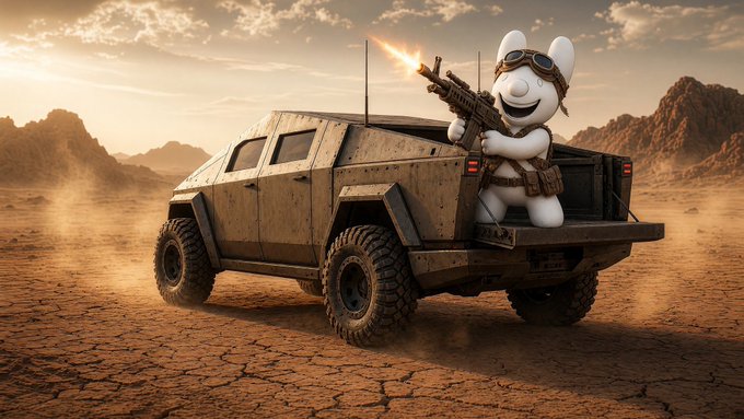 A 3D-rendered white mouse character wearing aviator goggles and tactical gear fires a rifle from the bed of a rugged armored vehicle in a dusty desert landscape at sunset.