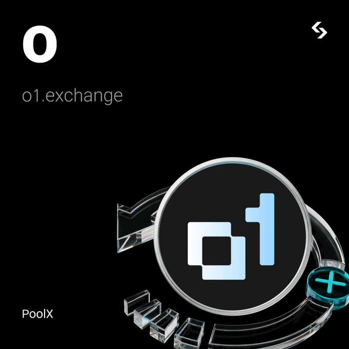 A dark promotional graphic for Bitget PoolX's o1.exchange campaign displays a stylized "o1" logo in light blue and white within a circular frame, surrounded by transparent geometric shapes and a small plus icon. The image relates to the post by highlighting the PoolX launch branding tied to earning BTC yield boost vouchers.
