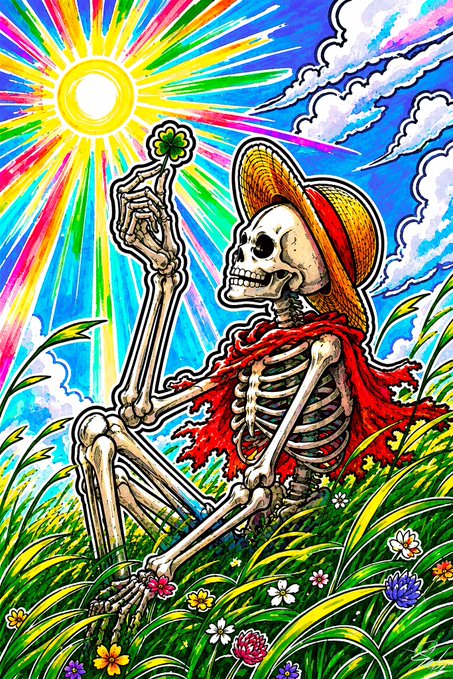 A vibrant skeleton wearing a straw hat and red scarf sits in a flower-filled field under a radiant rainbow sun, holding up a four-leaf clover in skeletal fingers. The artwork visually embodies the "Piece of Luck" theme from the TezosTuesday post, with the clover symbolizing good fortune for potential buyers at 7.77 XTZ.