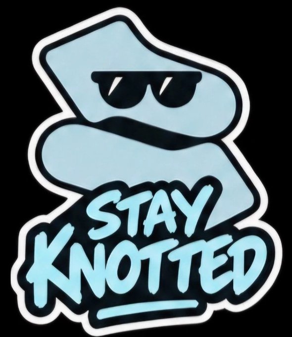 A light blue stylized letter "Z" wearing black sunglasses is paired with the bold graffiti-style text "STAY KNOTTED," serving as a branded graphic for the $KNOTS/$STONK community referenced in the post about token transfer mechanics and reward distribution.