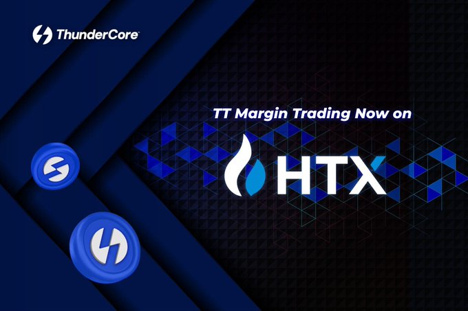 A promotional banner with a dark blue geometric background reading 'TT Margin Trading Now on HTX' alongside the ThunderCore logo and token icons.
