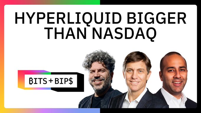 The image features a banner with three men's faces, each wearing a suit and tie, smiling for the camera. The text at the bottom of the image reads "MSTR sold some bitcoin. ICE'S CEO just called Hyperliquid bigger than Nasdaq. Dimon called Armstrong full of sh!t over stablecoin yield. DTCC picked Stellar."