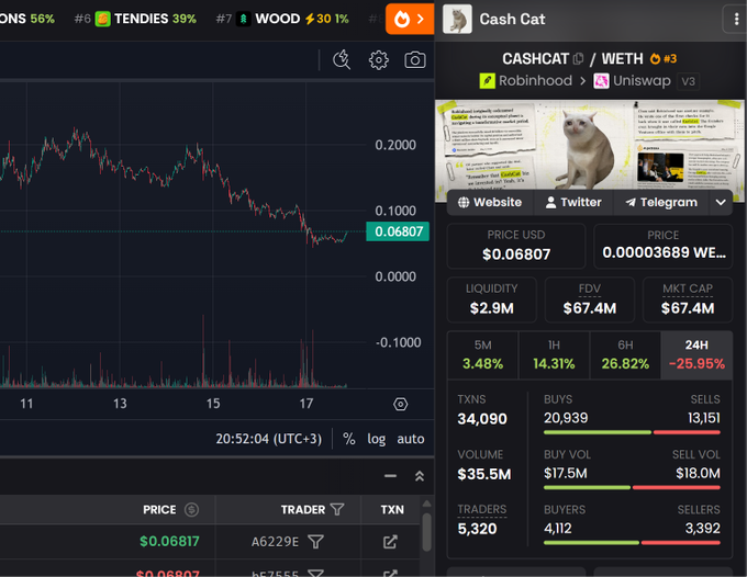 A cryptocurrency trading interface showing the CASHCAT/WETH pair (ranked #3) with a price chart and the Cash Cat meme token displaying a current price of $0.06807, down 25.95% in 24 hours, and market cap of $67.4M.