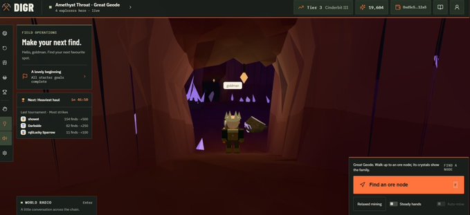 A screenshot from the DIGR online game 'Amethyst Throat - Great Geode' showing a blocky character exploring a cave environment, with interface elements showing quest objectives, tournament information, and a 'Find an ore node' search bar.