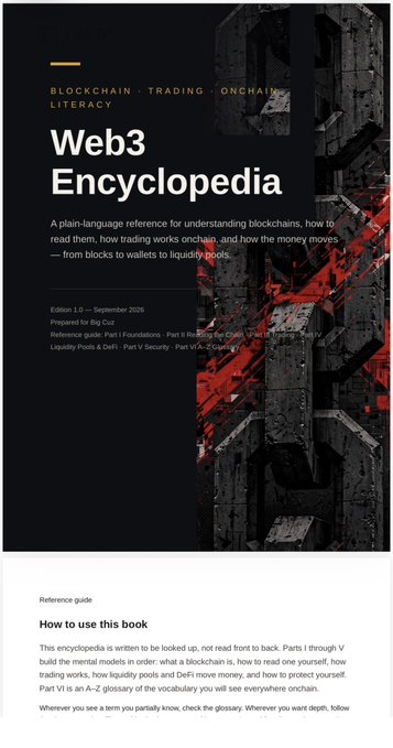 Cover of a 'Web3 Encyclopedia' book subtitled 'Blockchain · Trading · Onchain Literacy', prepared for Big Ouz, Edition 1.0 – September 2026, with a section on 'How to use this book'.