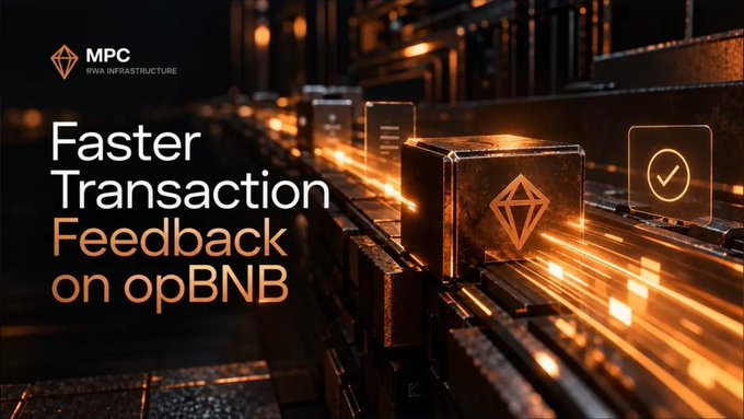 A promotional banner for 'MPC PWA INFRASTRUCTURE' advertising 'Faster Transaction Feedback on opBNB' with metallic block imagery and orange lighting.