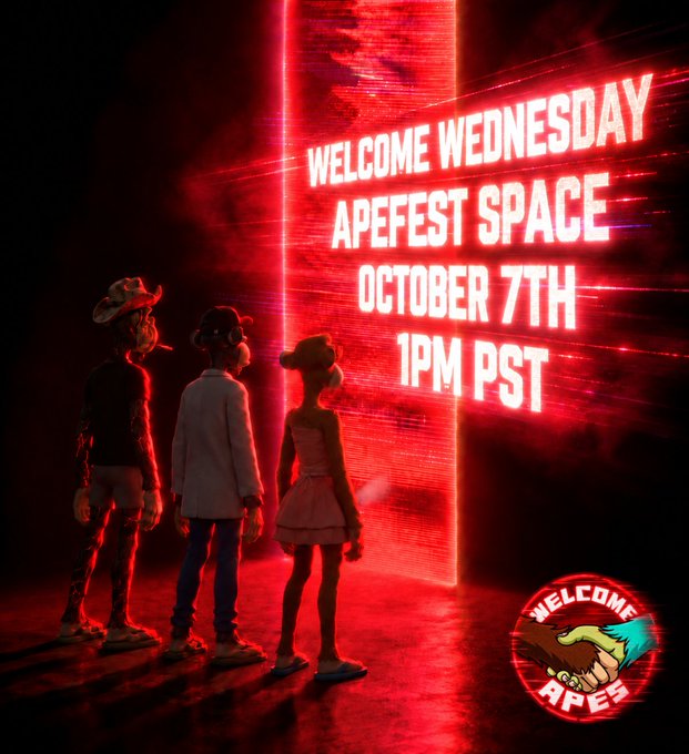Promotional image for "ApeFest Space" event, displayed on a glowing red portal with three cartoon ape characters standing before it, announcing "Welcome Wednesday - ApeFest Space - October 7th - 1PM PST" alongside the "Welcome Apes" logo.