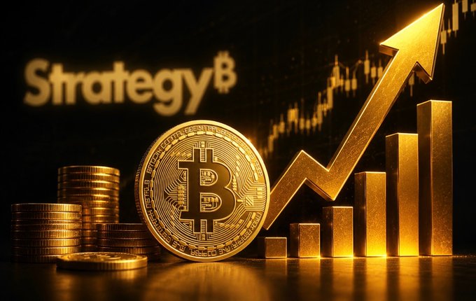 A promotional graphic displays a golden Bitcoin coin beside ascending bars and an upward arrow, with 'Strategy B' partially visible and stock chart candles in the background.
