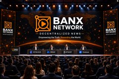 The image shows a Banx Network event with the headline "Decentralized News" and "Powered by XRP, Backed by the World," where speakers take the stage at a conference focused on crypto and blockchain innovation, complementing the post's announcement of a U.S. Strategic Crypto Reserve and the media industry's transition to the XRP Ledger powered by $BXE.