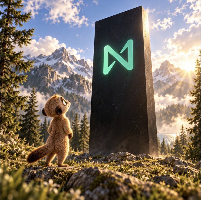A 3D rendered scene of a small brown creature standing on a rocky outcrop looking up at a black monolith with a glowing green 'N' logo, set against a mountainous landscape.