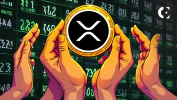 An illustration of multiple hands holding up a physical XRP coin in front of a digital stock/crypto price board background, representing the Ripple XRP cryptocurrency.