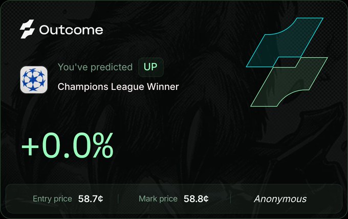 The image shows a screenshot of a website called Hyperliquid, which displays information about a sports market. The main focus of the image is a message that reads "Outcome: Champions League Winner: PSG vs Arsenal You can trade directly on @HyperliquidX or use @Outcome: outcome.xyz if you prefer a simpler interface". This message is related to the post, which discusses the price of a sports market and mentions the Champions League Winner. The image also includes a logo for the website Hyper Liquid.