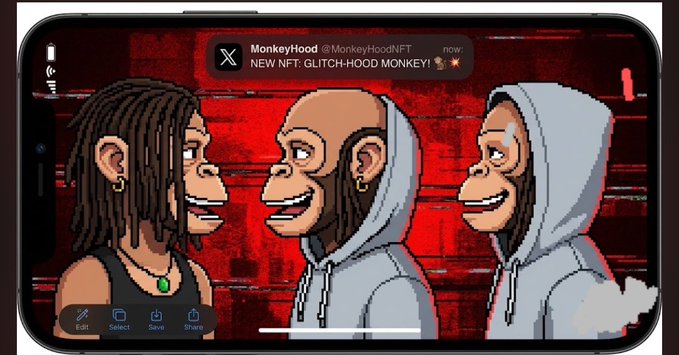 A smartphone screenshot showing a tweet from @MonkeyHoodNFT announcing 'NEW NFT: GLITCH-HOOD MONKEY!' featuring three cartoon monkey characters.