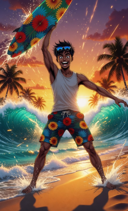 The image features a man standing on a beach holding a surfboard, with waves crashing behind him. The background of the image includes palm trees and an ocean scene, creating a tropical atmosphere. The caption provided seems unrelated to the main subject matter or the image itself.