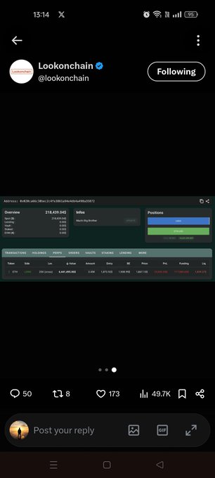 A mobile screenshot of an X (Twitter) post by 'Lookonchain (@lookonchain)' showing a trading interface with 'Overview 218,628,045', 'Inflow 349,109 BNB', and transaction details including '216,800.00 ETH'.