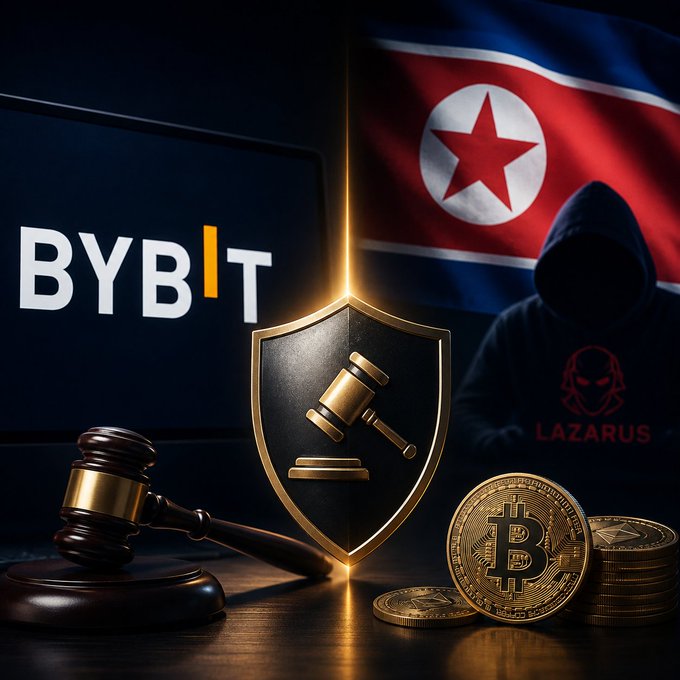 Digital illustration featuring a gavel, legal shield, Bitcoin coins, the Bybit logo, North Korean flag, and a hooded figure labeled 'LAZARUS', depicting a crypto-related legal case.