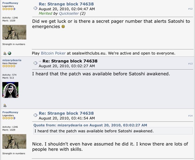 A forum thread titled "Re: Strange block 74638" dated August 20, 2010, showing BitcoinTalk users discussing "Block 74638," which contained the infamous value overflow incident that created 184 billion BTC. FreeMoney questions whether luck or an alert system saved Satoshi, while mizerYeDaria confirms the patch was available before Satoshi awoke, illustrating the early community's ability to self-govern Bitcoin without its creator.