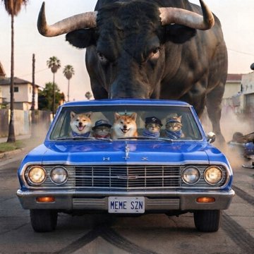 A surreal scene of a giant bull charging behind a blue vintage car with Shiba Inu and doge meme characters as passengers, and a license plate reading "MEME SZN," set on a palm tree-lined street.