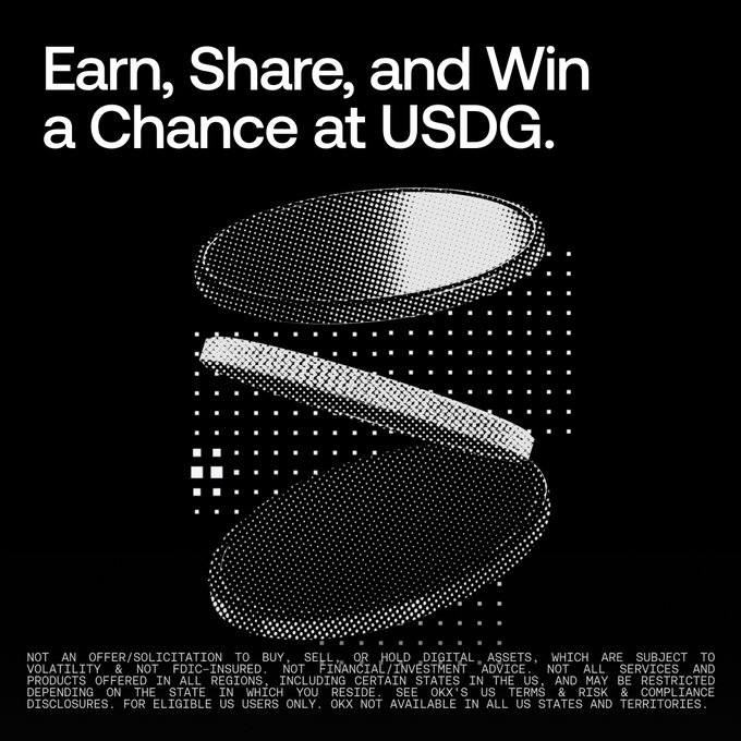 A black promotional graphic featuring the bold white headline "Earn, Share, and Win a Chance at USDG" above a stylized halftone illustration of a pill capsule. Fine print at the bottom notes eligibility restrictions and that it is not an offer/solicitation, supporting the OKX EARNFEST giveaway campaign offering a $1K USDG prize.