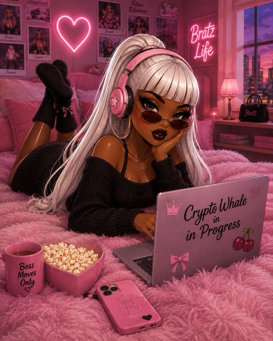 An AI-generated illustration of a stylized Bratz-like character with long white hair and pink headphones lounging on a pink bed, using a laptop labeled 'Crypto Whale in Progress' alongside a 'Boss Moves Only' mug and a 'Bratz Life' neon sign.