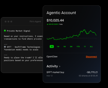 In the image, there are two separate screens showing different financial information about an investment strategy called Robinhood. Both screens display information about the agent's account, including details about their strategy and connected accounts like a credit card or bank account. The screens also show a chart with the current value of the Agentic Trading account, which is $10.25,4 and a line graph representing the rise in Value. The text on both screens indicates that the post has been recently published and highlights the primary focus of this content: the agent's account and the strategy they are using to manage their funds.