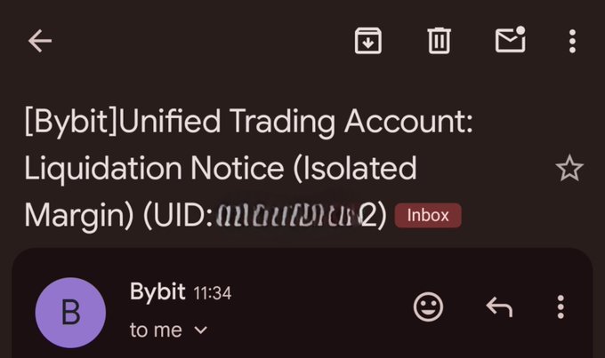 A screenshot of an email from Bybit titled "Unified Trading Account: Liquidation Notice (Isolated Margin)," showing the message addressed to the user in their inbox, illustrating the recurring liquidation alerts the user is frustrated about receiving.