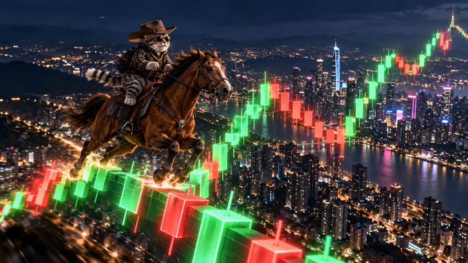 A creative composite image showing a raccoon wearing a cowboy hat riding a horse, leaping over green and red candlestick charts with a nighttime city skyline in the background.