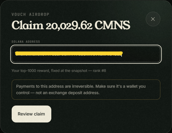 A Vouch Airdrop interface displays a claim offer of 20,029.62 CMNS tokens (Commons Made) for being ranked #8 in the top-1000, with a field for the user's Solana wallet address and a warning that payments are irreversible. The image relates to the post by showing the user's actual airdrop reward from @commonsmade, which valued roughly $80 and prompted them to redistribute a portion ($24) to their followers.