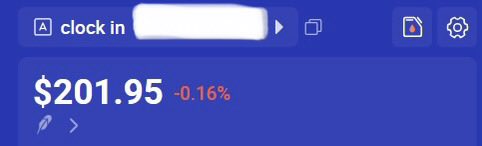 The image shows a trading dashboard with a "$201.95" price display showing a "-0.16%" change in red, alongside a "clock in" label at the top, representing the user's automated sniping setup for the $CLOCKIN token with predetermined buy parameters based on the expected FDV.