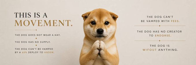 An adorable Shiba Inu dog with paws pressed together sits at the center of a cream-colored promotional graphic declaring "THIS IS A MOVEMENT," surrounded by manifesto-style text including "The dog does not wear a hat," "The dog has no supply," "The dog is wifout anything," and "The dog can't be vamped by a 65% deploy to Ansem," with the Solana contract address CJCrQsBL4rAwmGEcEv2dzNER5mYRFEzjwN5CWKz1fqou displayed at the bottom for the WIF meme token.