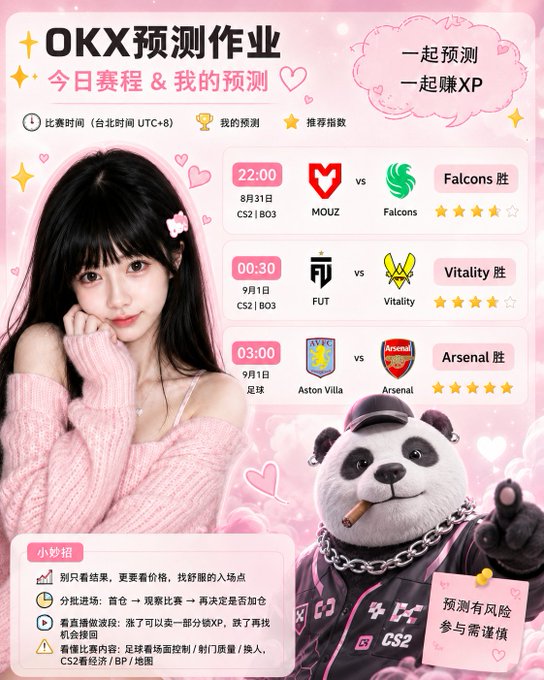 A promotional graphic for OKX prediction contests features a young woman with dark hair and a smoking panda mascot, listing upcoming esports matches including MOUZ vs Falcons and FUT vs Vitality.