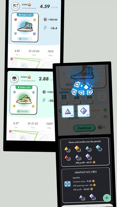 The image shows a cell phone screen with two different apps displayed, one of which is a fitness tracking app called "StepN Go" that has blue and white icons for walking and running. There are also icons for other activities such as playing games or using social media. The background of the image is gray, providing a neutral backdrop to the colorful app icons on the screen.