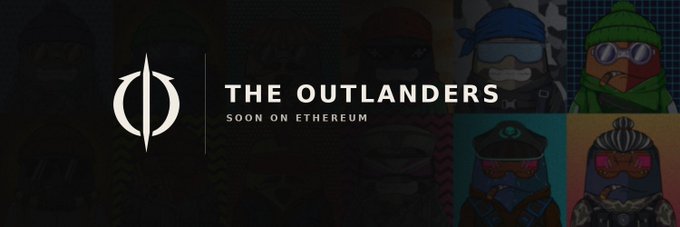 Promotional banner for "The Outlanders" NFT collection featuring a stylized logo and tagline "Soon on Ethereum," with masked character artwork in the background, matching the giveaway details about 3333 supply and Ethereum chain minting.