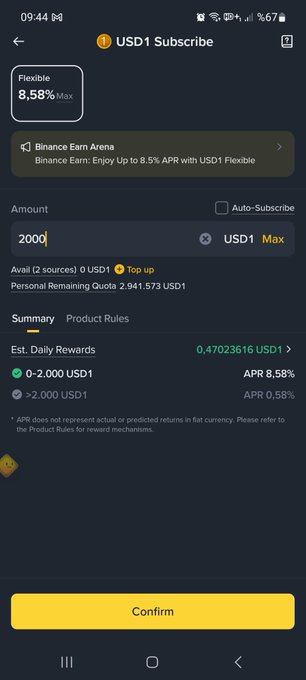 A Binance screenshot showing a USD1 Flexible Earn subscription with up to 8.58% APR, where a $2,000 USD1 deposit yields an estimated daily reward of approximately 0.4702 USD1, directly illustrating the post's promotion of an 8.5% annual interest opportunity through the Binance Earn Arena.