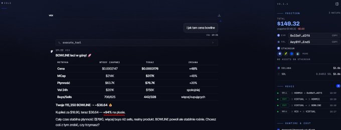 A Robinhood portfolio screenshot shows a $149.32 position with a recent buy of "BOWLINE Incl wraparyU" yielding a +$36.64 (+94%) gain, matching the post's claim of a quick profitable trade in Bowline (BOW) tokens discovered via an AI market scan.