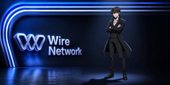 An anime-style character in a dark suit stands confidently beside a glowing "Wire Network" logo against a sleek blue futuristic backdrop, visually promoting the announcement of becoming an official ambassador for the blockchain coordination platform.