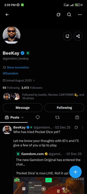 A screenshot shows the Twitter/X profile of BeeKay (@gamdom_beekay) with 93 Following and 2,972 Followers, displaying a post from December 2, 2025 asking "Who has tried Pocket Dice yet?" alongside a Gamdom announcement promoting the new "Pocket Dice" game. This relates to the accompanying post as it highlights the same Pocket Dice feature on Gamdom, though it belongs to a different user's account rather than PhilipMaria's profile.