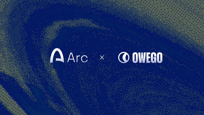 The image shows a partnership announcement between Arc and Owego, featuring both logos with an "x" between them against a blue halftone background, promoting their readiness for Arc's mainnet launch on September 16th.